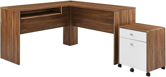 Modway EEI-5822-WAL-WHI Transmit Wood Desk and File Cabinet Set, Walnut White
