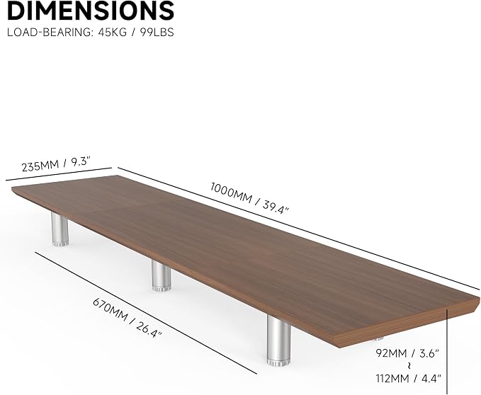 Fenge 39.4 Inch Dual Monitor Stand, Height Adjustable Monitor Riser Stand for Desk, Wooden & Steel Monitor Shelf for 2 Computers up to 99lbs, Stable Desk Organizer for PC Laptop TV, Brown