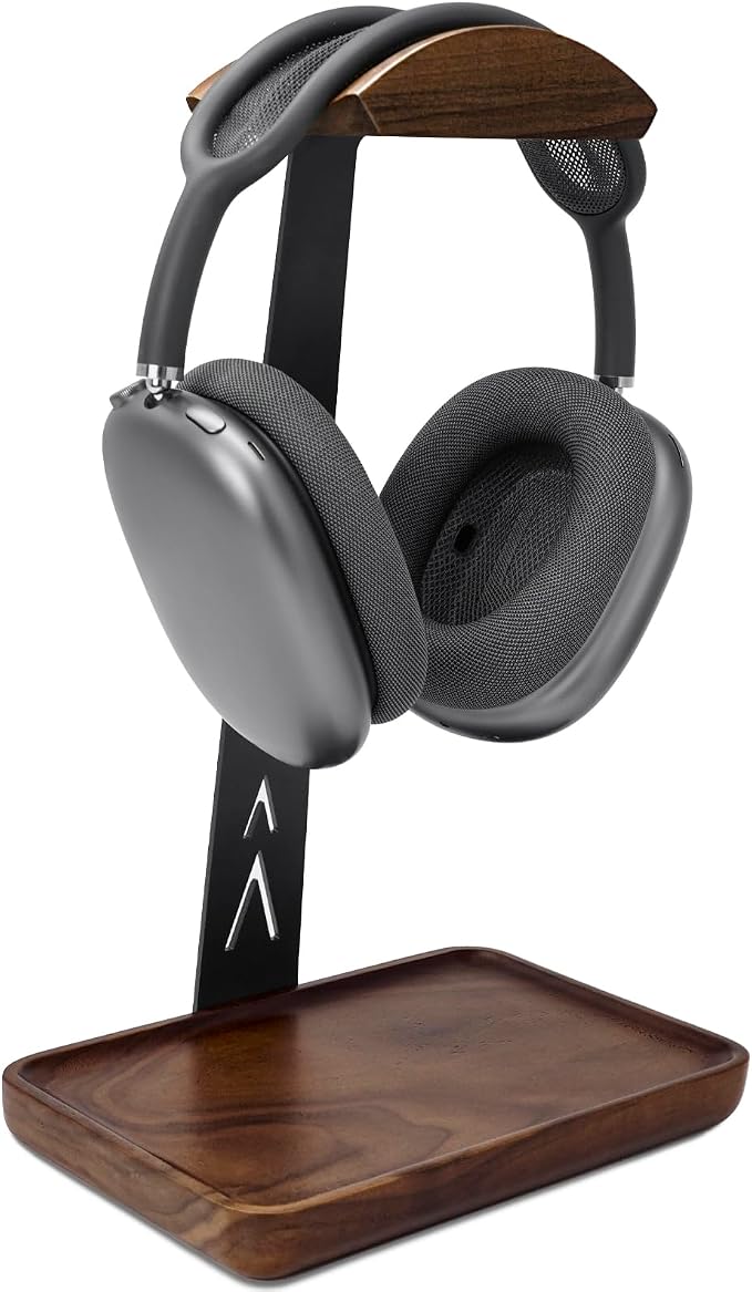 GEVO Headphone Stand, Walnut Wood Headset Stand with Storage Base, Gaming Equipment Accessories for Husband, Teens, Boyfriends, Brothers, and Gamers (Walnut-1)