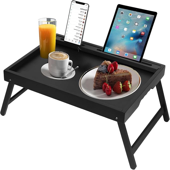 Artmeer Bamboo Bed Tray Table with Folding Legs, Phone/Tablet Holder, Foldable Breakfast Table, Laptop Desk (Black, Medium)