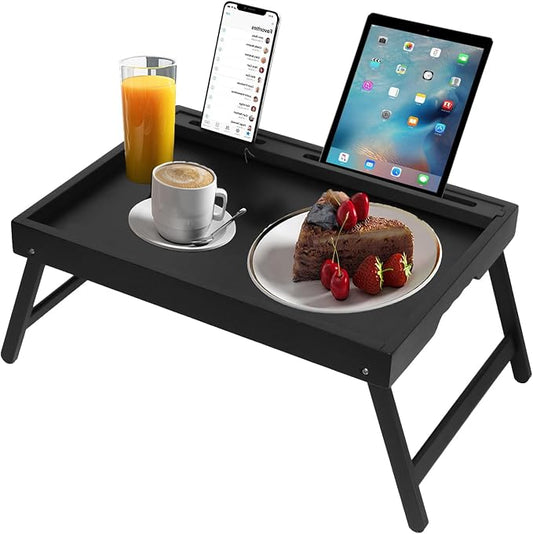 Artmeer Bamboo Bed Tray Table with Folding Legs, Phone/Tablet Holder, Foldable Breakfast Table, Laptop Desk (Black, Medium)