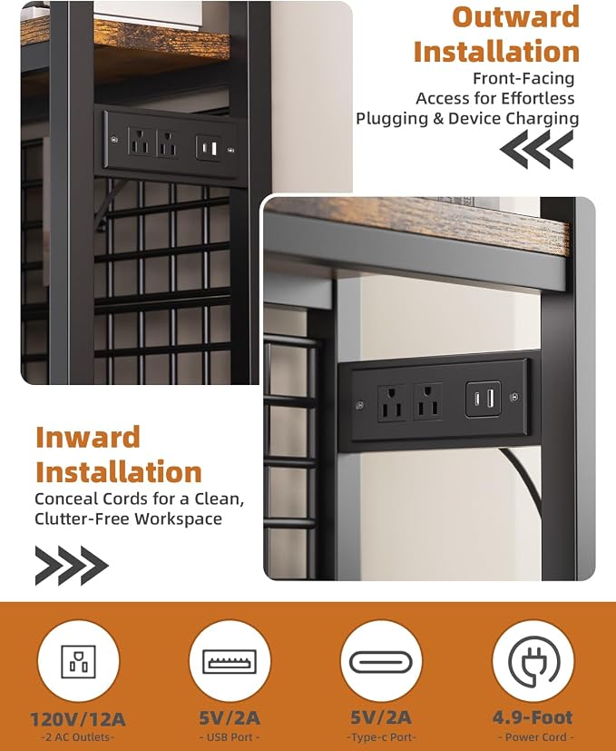 SANYOUNG 45.3" Desktop Hutch Bookshelf with Power Outlet, Heavy-Duty Desk Shelf Bookcase with Grid Panel, 3 Tier Adjustable Countertop Organizer Rack, for Home Office, Dorm, Rustic