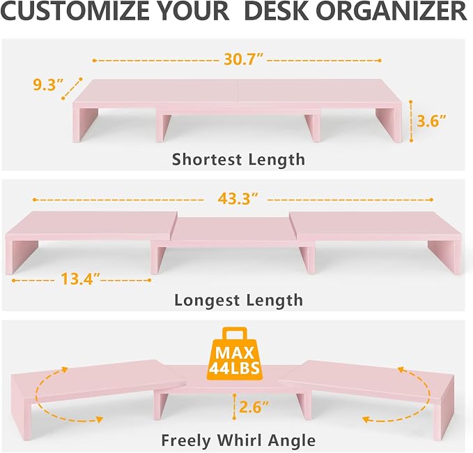 TAVR Dual Monitor Stand Riser, Computer Monitor Stands for 2 Monitors, Extra Long Multifunctional Desktop Organizer Riser for Computer, Laptop, PC, Printer, TV, Max 43.3" Length, Pink
