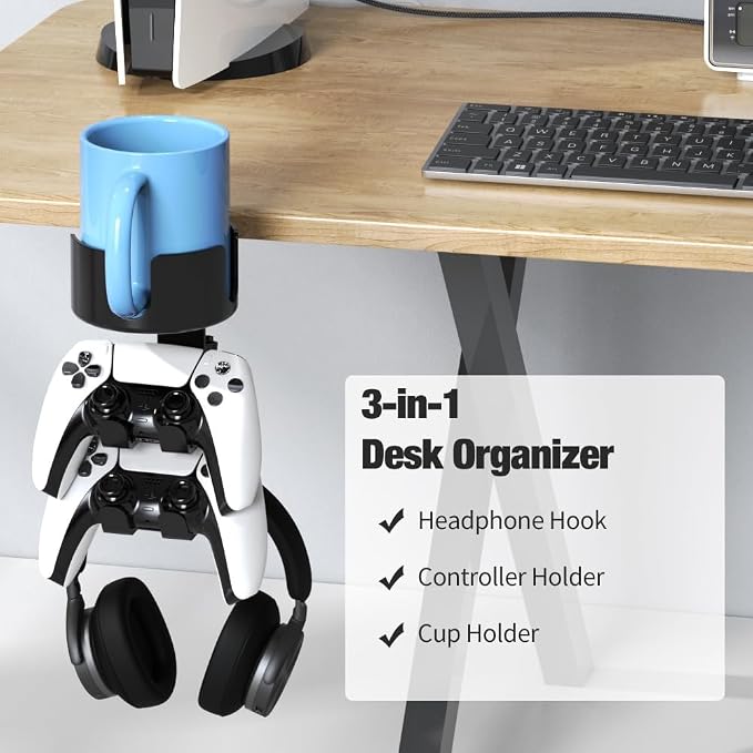 3 in 1 Desk Cup Holder with Headphone and Controller Stand, Universal Adjustable & 360° Rotating Clamp on Under Desk Headphone Hanger for Mugs, Headsets, Gamepads, Phone and Pen