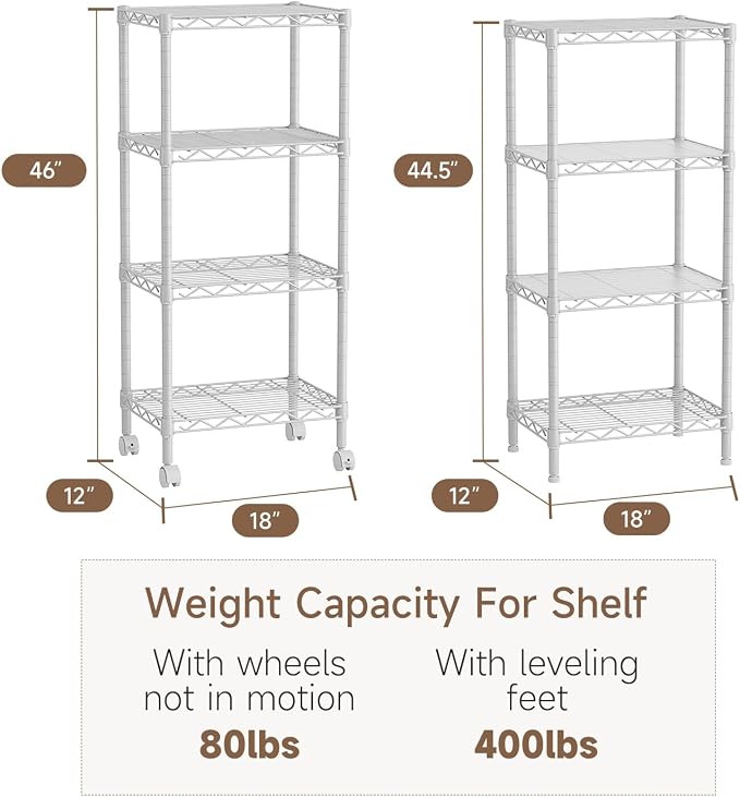 Golpart 4 Tier Adjustable Storage Shelves Metal Utility Shelf Wire Shelving Unit Organizer Rack for Home Kitchen Office Bathroom Pantry Room 12" D x 18" W x 44" H