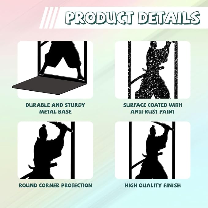 Peacoblue Metal Bookends for Shelves, Modern Decorative Heavy Duty Study Book Ends Stoppers for Office, Desk, Shelf, Room 5.3"x4.3"x7.9" Cast Iron Simple Tall Bookends 1 Pair (Japanese Samurai)