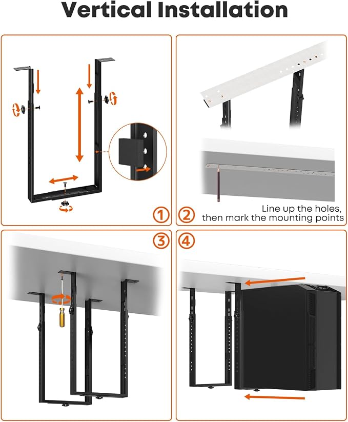 PUTORSEN Under Desk PC Mount for Full/Mid-Tower Cases - Vertical/Horizontal CPU Holder up to 77 lbs, Space-Saving Computer Rack for ATX/Micro-ATX (Black)