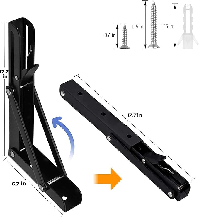 Folding Shelf Brackets - 18 Inch 2 Pcs DIY Wall Mounted Shelf Brackets for Garage Workstation, Stuff Supports, Plant Stand - Heavy Duty Metal Collapsible Floating Shelf Bracket Black