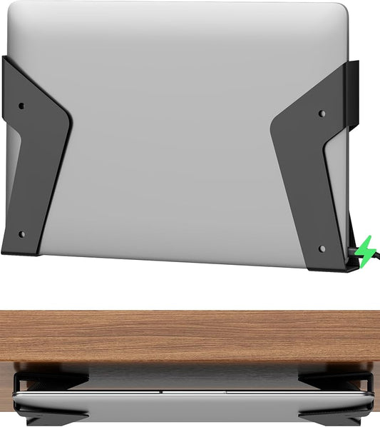 NiHome Under Desk Laptop Mount & Wall Holder, Adjustable Metal Bracket for MacBook, Keyboard, Tablet, Fits Devices up to 35mm, Screw or Adhesive Install, Space-Saving Tray Under-Desk Storage
