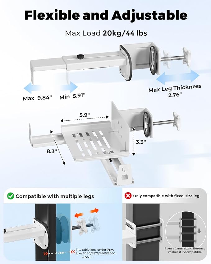 JOY worker No Drilling Under Desk PC Mount for Standing Desk, Clamp-On Desk Leg Computer Mount with Extra Protective Arms, Adjustable Computer Case CPU Holder Holds Up to 44lbs, White