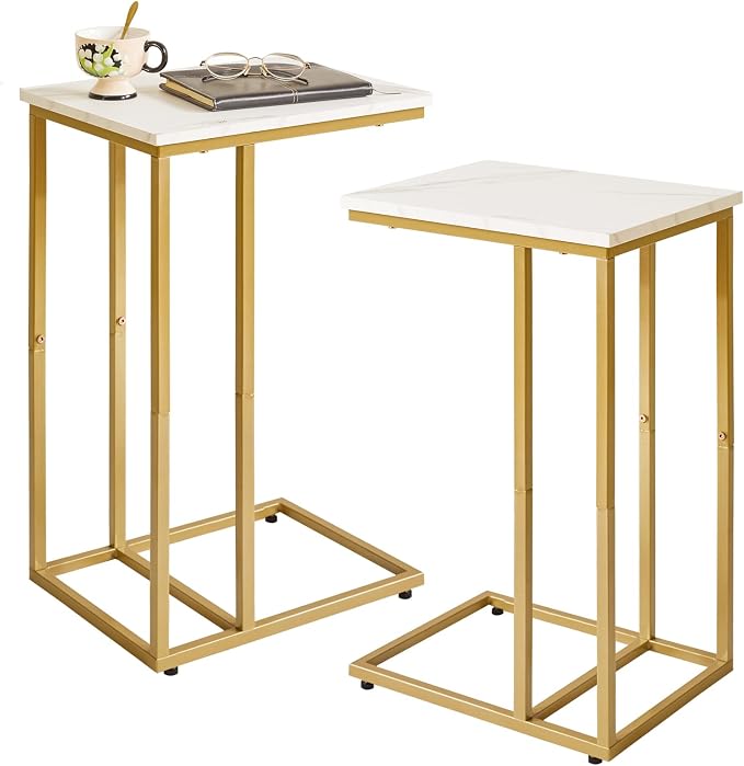 Aibiju Small Side Tables C Shaped, End Table Set of 2, Small Table Stand for Living Room Bedroom, lLittle Bedside Table Faux Marble+Gold YD-TM051G-2