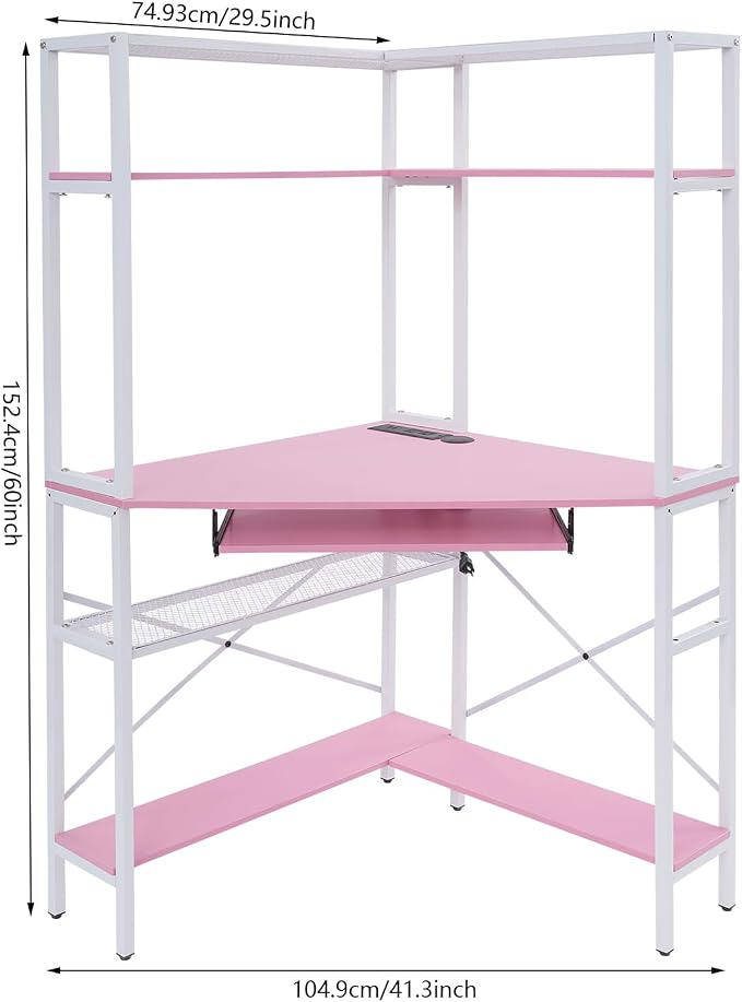 Corner Desk, Triangle Corner Computer Desk with 2 USB Ports and 2 AC sockets, Small Computer Desk with Hutch and LED Lights ComputerDesk for Small Space, Home Office Desk, Pink