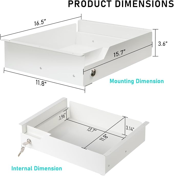 Under Desk Drawer Storage with Lock, Metal Undermount Table Drawer, Ball Bearing Slides Out Tray Organizer for Paper, Pencil, and Laptop 16"x11.8"x3.6", White