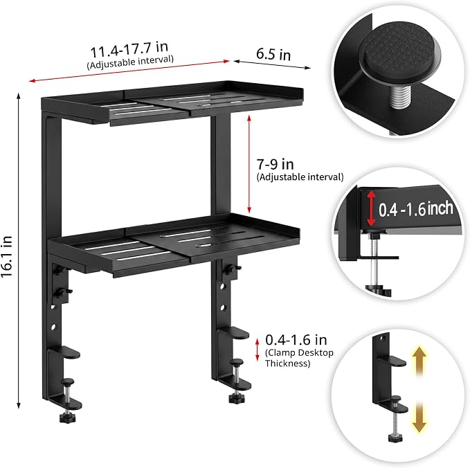 ENCIMART Expandable Clamp on Desk Shelf, 2 Tier Adjustable Desktop Shelves Organizer, Above or Under Heavy Duty Desk Storage with Headphone Holder for Working and Gaming Desk Accessories (Black)