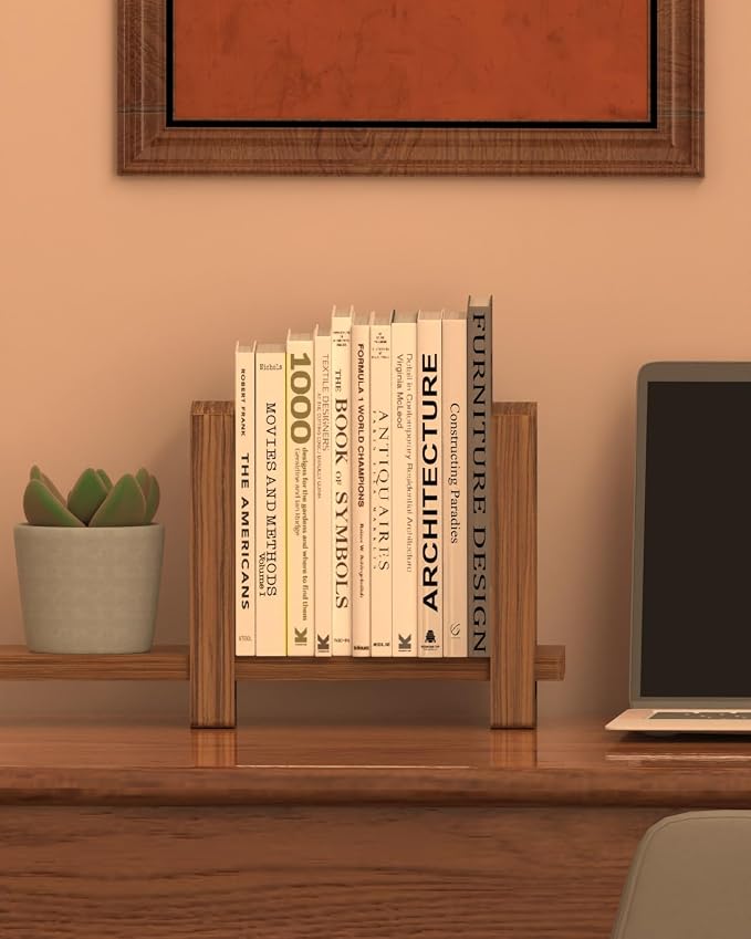 100% Solid Wood Adjustable Desktop Bookshelf, Retro Tabletop Bookshelf, Desk Shelf Holder for Living Room, Home, Office, Perfect for Magazine, Books, Cookbooks, No Tools Required to Assemble (Brown)