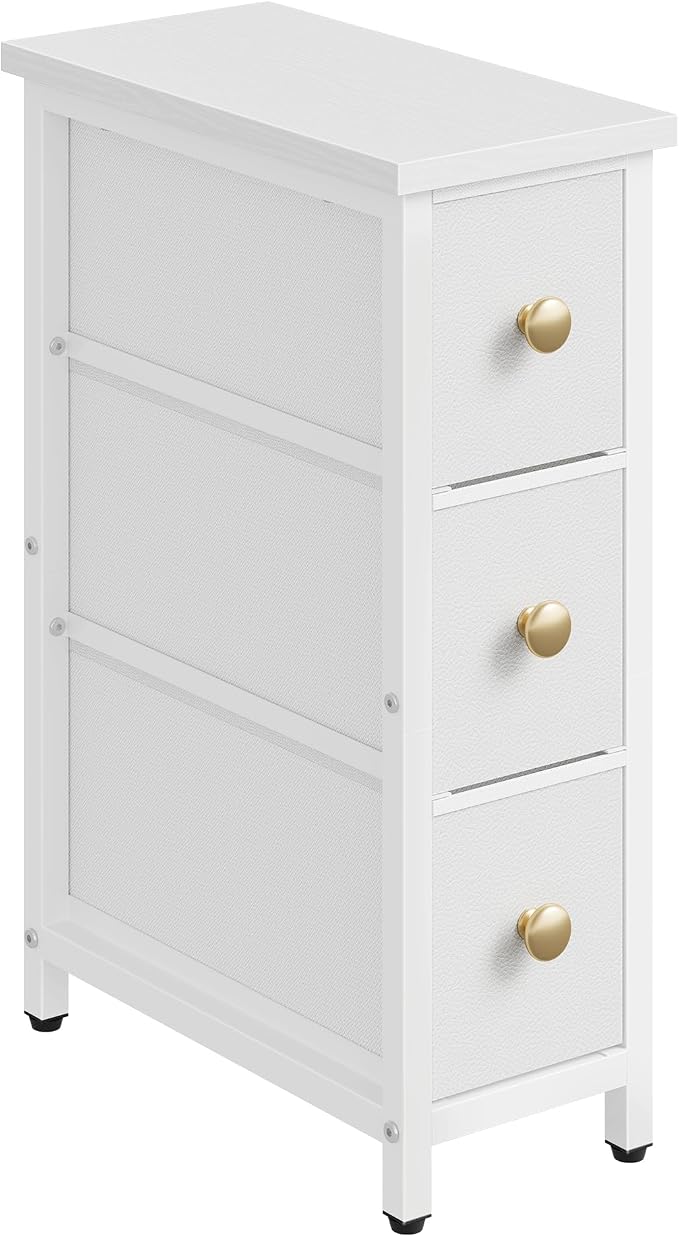 CHOEZON Narrow Side Table with 3 Fabric Drawers, Industrial Slim Bedside Table for Small Spaces, Bedroom, Living Room, Dormitory, White TBZ09WB