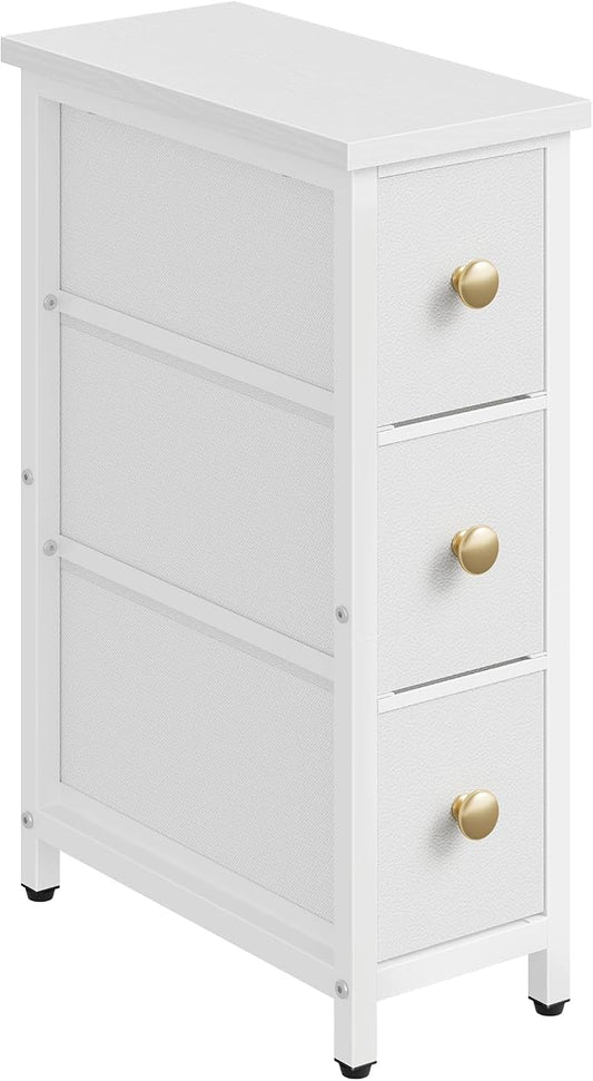 CHOEZON Narrow Side Table with 3 Fabric Drawers, Industrial Slim Bedside Table for Small Spaces, Bedroom, Living Room, Dormitory, White TBZ09WB