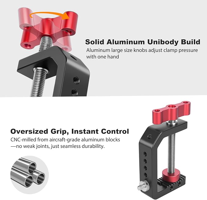 C Clamp Desk Camera Mount, Aluminum Table C-clamp with 1/4" 3/8" Thread, Desktop DSLR Mount for Photo Studio Video Camera, Light Stand, Desk, Rods, Shelves, Bike, Max Clamp 2.36" (62021)