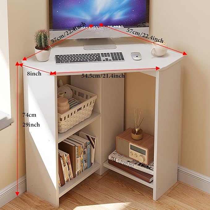 GIZNXBA Corner Desk with 3 Tier Torage Shelves, 90° Triangle Corner Table with CPU Stand for Small Space, Computer Table Makeup Vanity Desk for Home Office Bedroom (Color : /Natural, Size : 57cm)