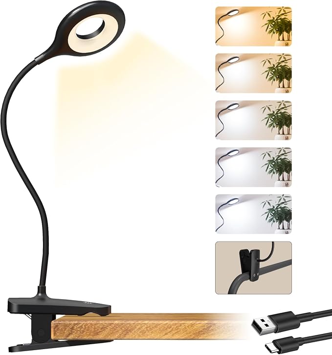 CUHIOY Clip on Reading Light for Bed Headboard, 5 Colors 5 Brightness Desk Lamp with Strong Clamp, USB-C Rechargeable Goose-Neck Night Light for Kids Bunk Bed Shelf, Perfect for Reading & Working