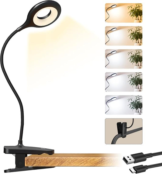 CUHIOY Clip on Reading Light for Bed Headboard, 5 Colors 5 Brightness Desk Lamp with Strong Clamp, USB-C Rechargeable Goose-Neck Night Light for Kids Bunk Bed Shelf, Perfect for Reading & Working