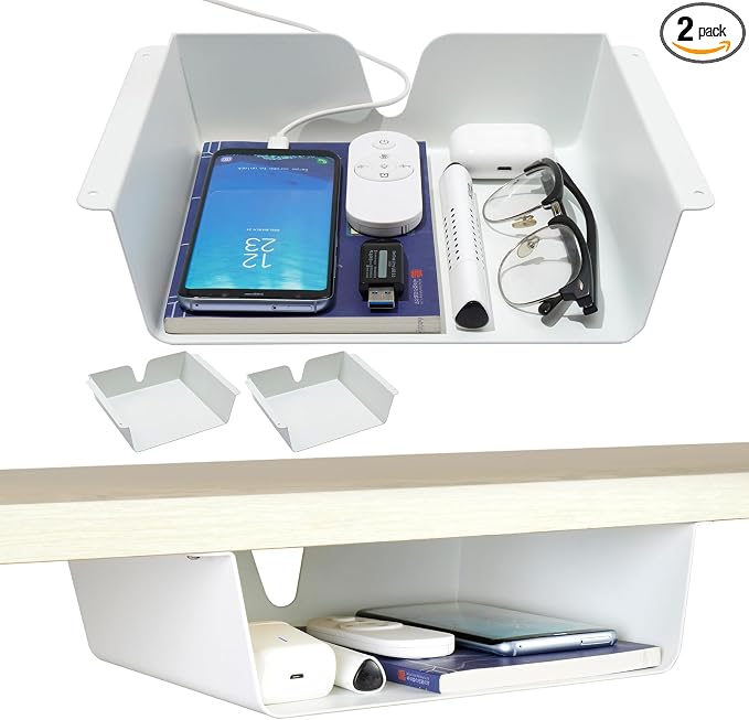 KHAMAL Under Desk Storage Shelf 2 Pack - Under Desk Drawer with Built in Cable Management for Home, Office, Gaming Setups, Kitchen (White)