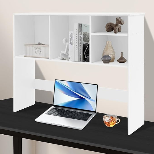 Desk Hutch with 4 Shelves Desktop Bookshelf Multi-Functional Desktop Organizer 2 Tire Desk Storage Shelf for Home Office (White)