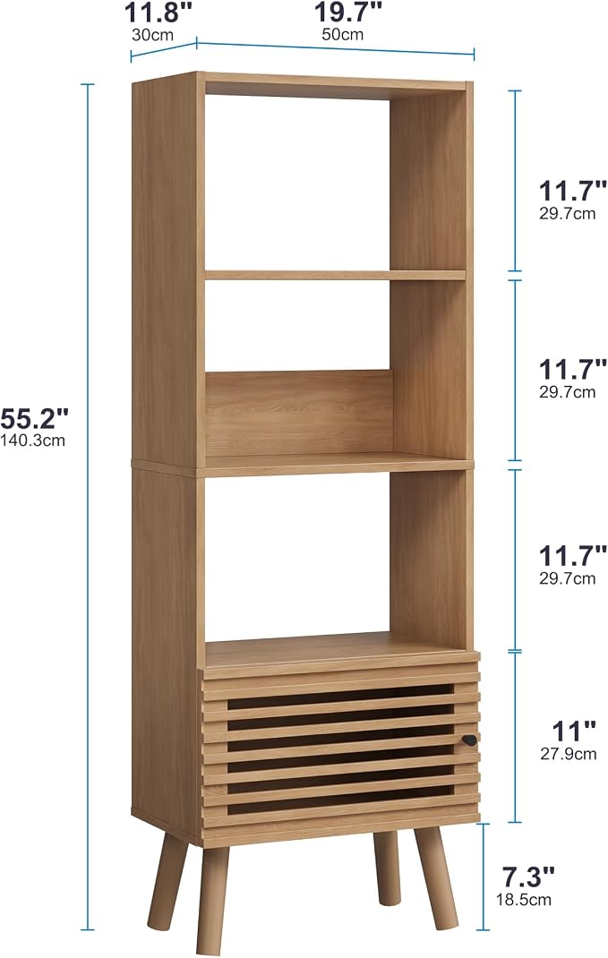 Furnify Small Narrow Corner Bookcase, 55" H Mid-Century Modern Bookshelf with Slatted Door, 4 Cube Bookcase with Open Shelf, Display Storage Cabinet for Living Room, Home Office, Oak