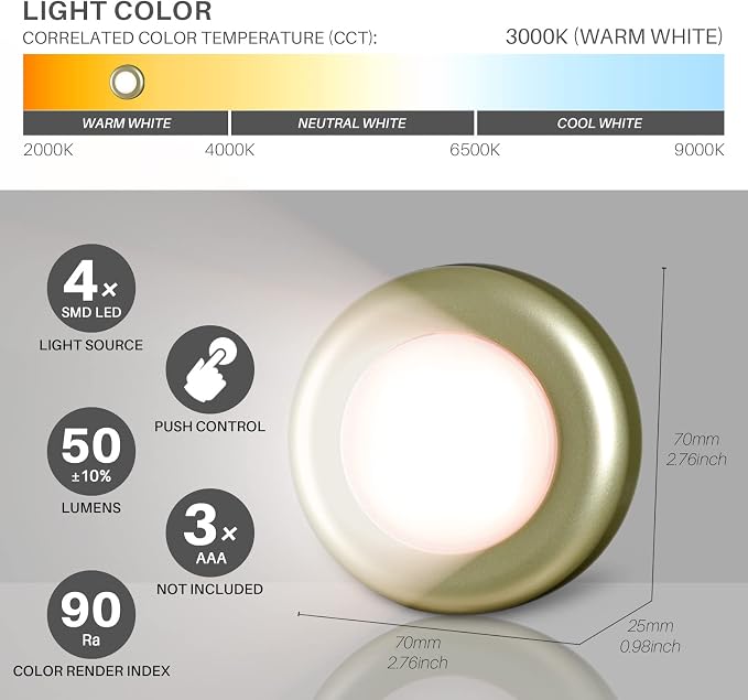 STAR-SPANGLED 5 Pack 2.8” Push Tap Lights, Stick on Touch Puck Lights AAA Battery Operated, LED Sticky Button Lamps for Classroom, Kitchen, Under Cabinet, Closet (Golden, Warm White)