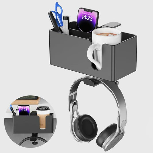 Desk Cup Holder Clamp with Headphone Hanger and Storage Tray | Clamp on design, rotating headphone hanger, detachable storage tray, cable holes, fits 5-50mm desks