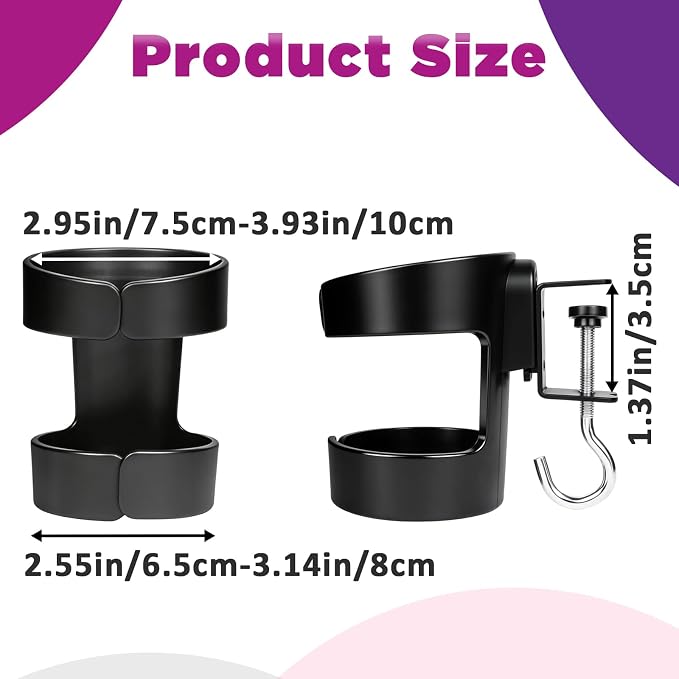 4Pcs 2-in-1 Desk Cup Holder, Compatible with Stanley and Owala Water Cup | Adjustable Anti-Spill Tumbler Clamp Organizer with Hook, Ideal for Office and Home Workstation (Black)