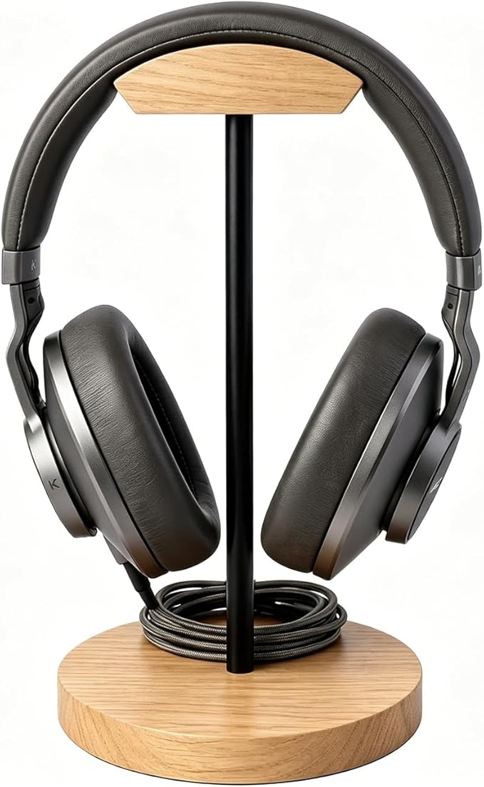 Headphone Stand Nature Wood & Metal Headset Hanger Mount Hook Gaming Holder Desktop Earphone Artful Functional Craftmanship Stand for All Headsets with Solid Wooden Base