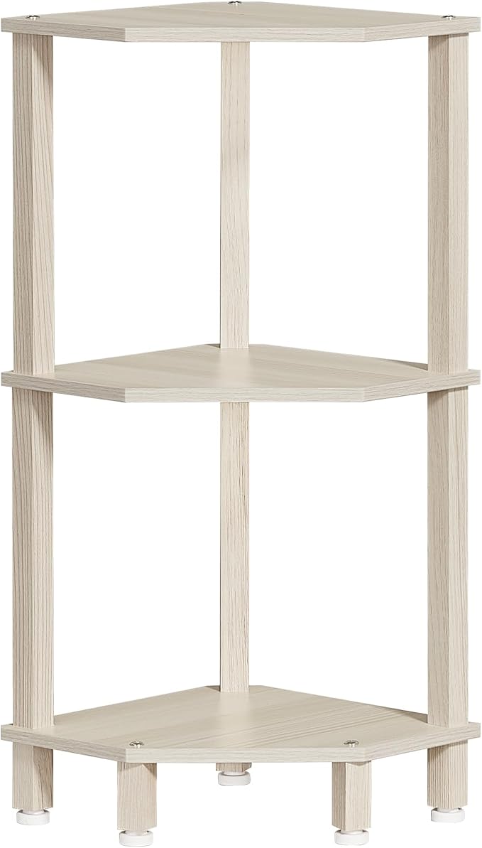YUFAM 3-Tier Corner Shelf with Sturdy 5-Leg Base, Wooden Corner Bookshelf for Small Spaces, Small Corner Table for Living Room, Bedroom, Office, Grey White