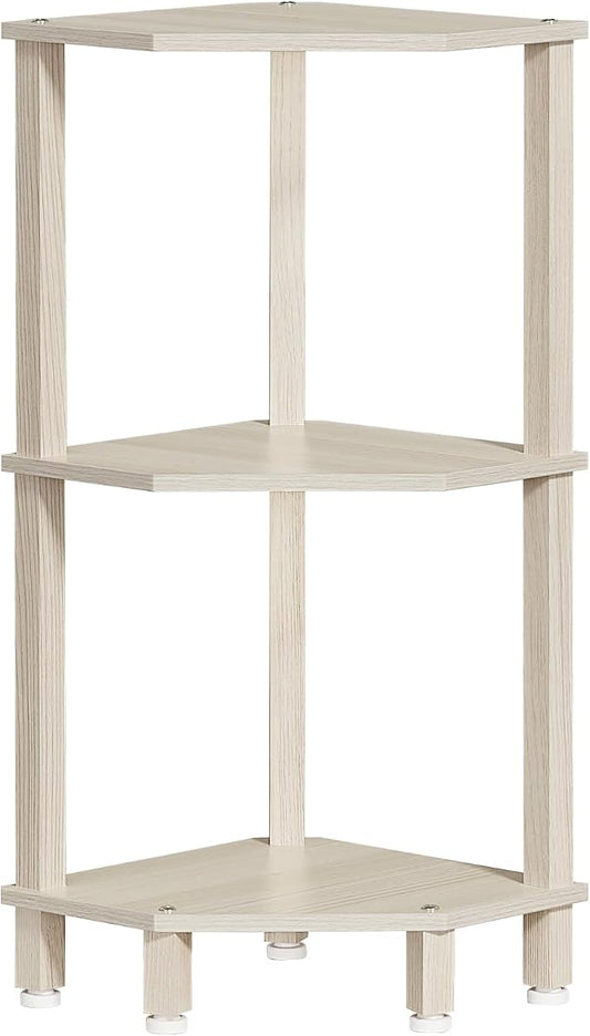 YUFAM 3-Tier Corner Shelf with Sturdy 5-Leg Base, Wooden Corner Bookshelf for Small Spaces, Small Corner Table for Living Room, Bedroom, Office, Grey White