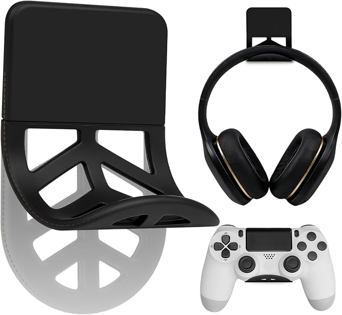 Wall Mount Headphone Stand, 2-in-1 Bendable Silicone Controller Holder, Adhesive Under Desk Hook for Gaming Office & Home, Fits All Headphones for PS5 Xbox Controllers - 1 Pack (Black/White)