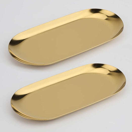 Stainless Steel Decorative Tray, Set of 2, 9 Inch Long, Jewelry Dish Cosmetics Organizer Bathroom Clutter Serving Platter Small Storage Tray, Oval, Gold