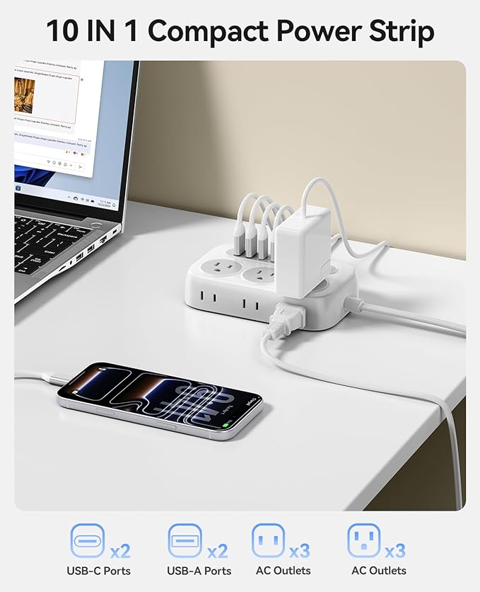 ORICO Surge Protector Power Strip, PD20W Multiple Outlets Extension Cord with 6 AC Outlets and 4 USB Charging Ports (2 USB-C), Flat Plug, 10Ft Mountable Outlet Extender for Office/Dorm ETL Listed- OG