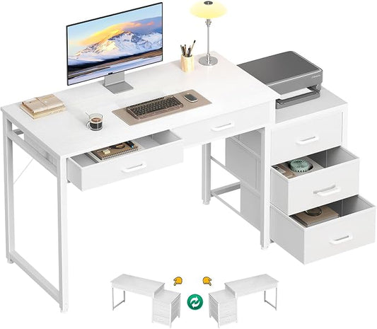 ODK Computer Desk with 5 Drawers, 53 Inch Office Desk with Printer Shelf, Reversible Vanity Desk for Home Bedroom, Writing Table Desk for Storage, White