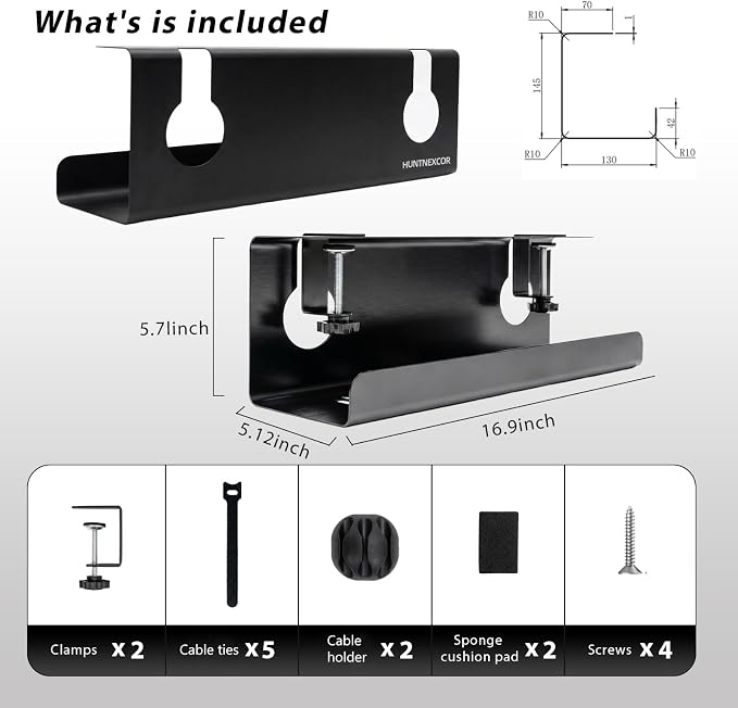 No Drill Under Desk Cable Management Tray with Clamp, Home/Office Desk Cord Organizer and Accessories Storage Shelf, 17'' Metal Cable Organizer for Standing/Gaming Desk, Office Supplies, Black 1 Set