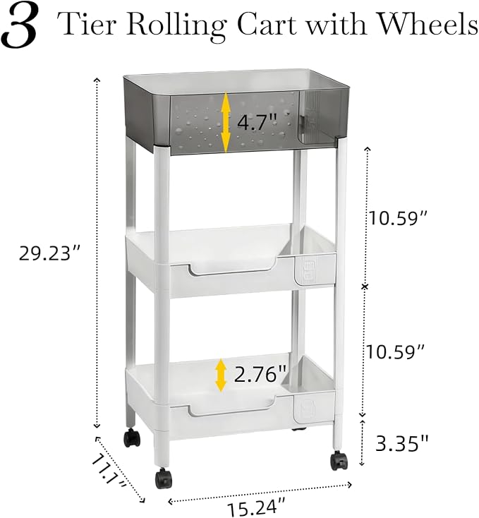 3 Tier Rolling Cart with Wheels 4.7'' Deep Baskets Bathroom Storage Shelf Heavy Duty Plastic Bedside Cart, Large Capacity Snack Stand Diaper Caddy Laundry Room Kitchen Organizer, White