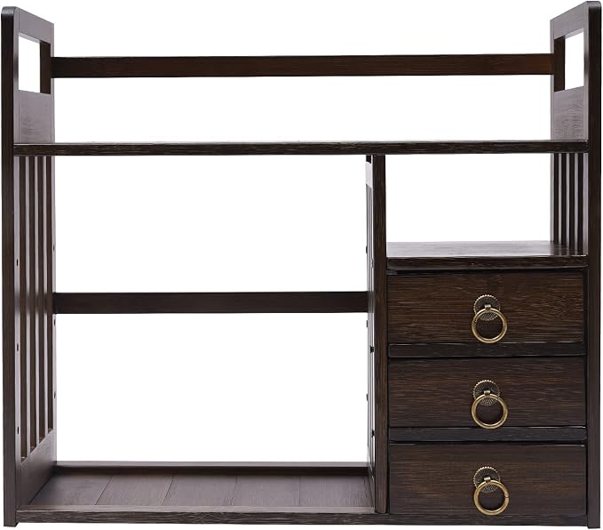 CNCEST Desktop Bookshelf Organizer, Office Shelves Storage Rack, Natural MDF Display Stand Shelf, Office Supplies Home Desk Decor (Nut-Brown)