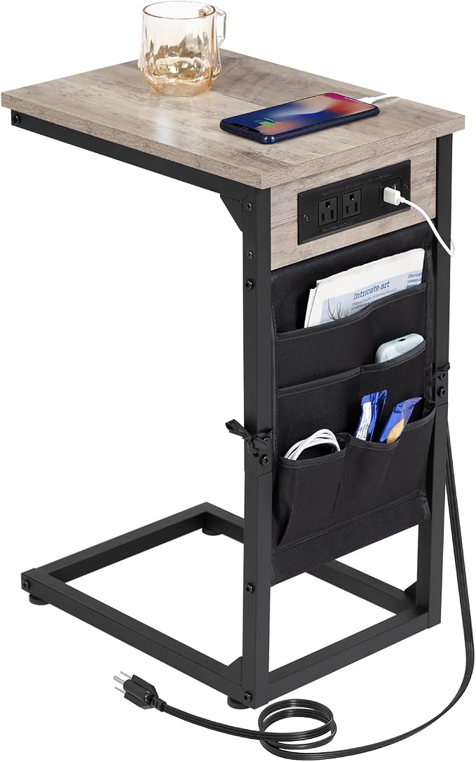 AMHANCIBLE C Shaped End Table with Charging Station, TV Tray Couch Tables with Storage Bag, Slide Under Sofa Side Side Table with USB Ports and Outlets for Living Room, Grey, HET04CGY-1