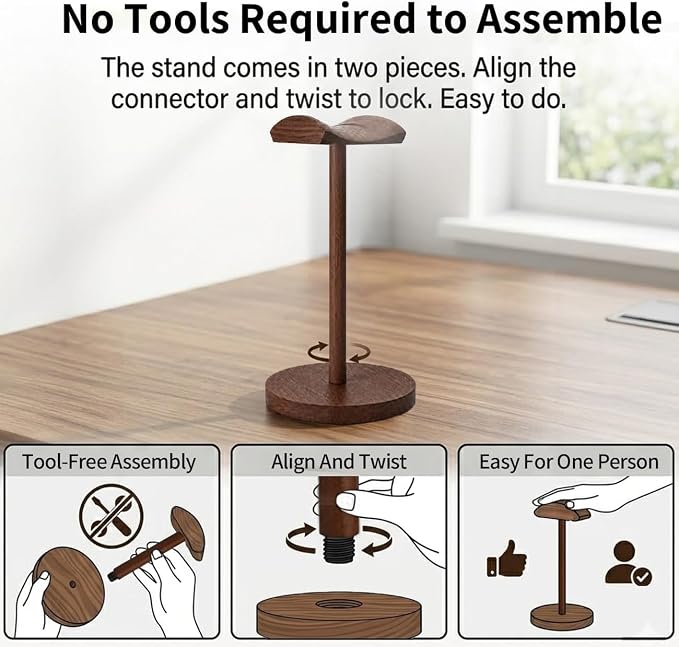 Headphone Stand Nature Wood Headset Hanger Mount Hook Gaming Holder Desktop Earphone Artful Functional Stand for All Headsets with Solid Wooden Base