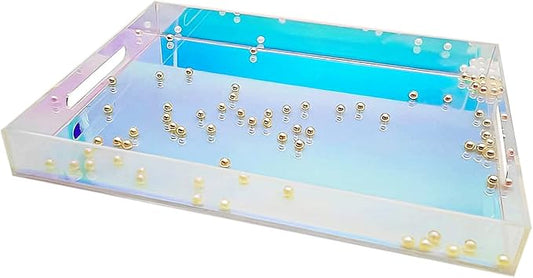 ROYALITA Iridescent Acrylic Serving Tray with Handles 16x12 Inch - Acrylic Tray Bathroom Perfume Tray Spill Proof, Decorative Tray for Ottoman Coffee Table Countertop, Wedding Decor, Office Desk