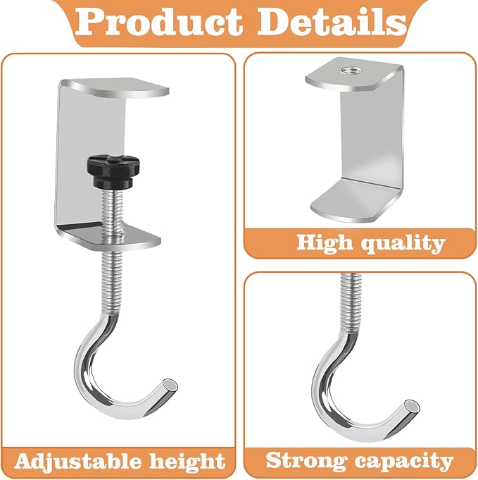 6 Pcs Adjustable Table Hooks for Hanging Bags, Heavy Duty Metal Backpack Hooks for Desk