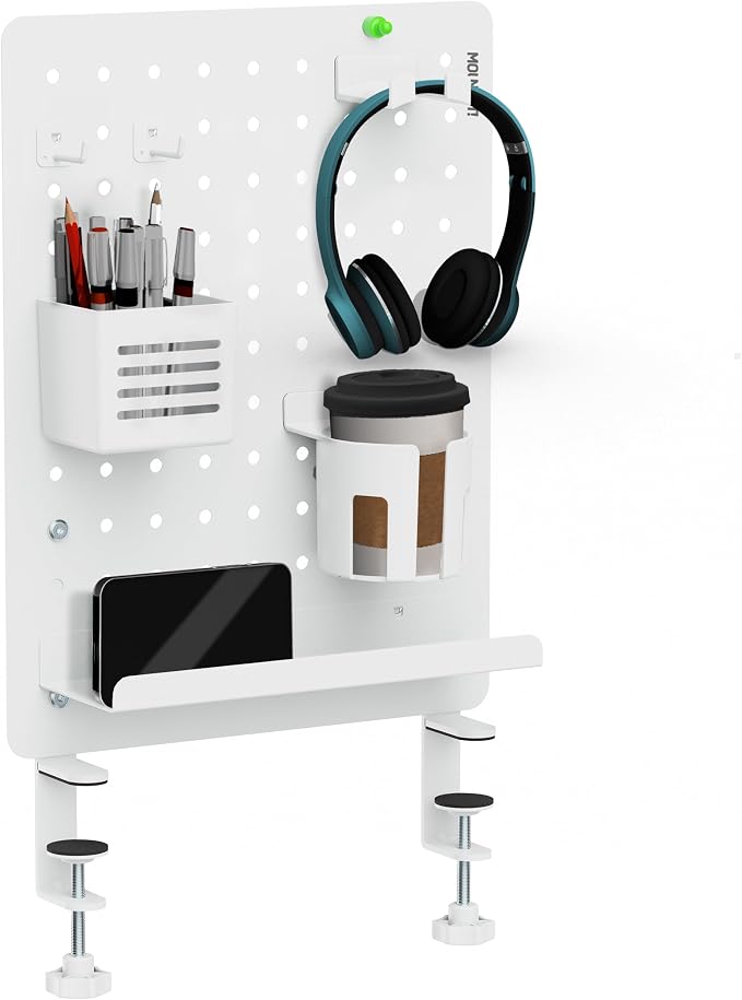 Mount-It! Clamp-On Pegboard Organizer | Adaptable Desk Storage for Home Office, Gaming & Crafting | Easily Organize Essentials with Shelf, Cup Holder & Hooks (White)