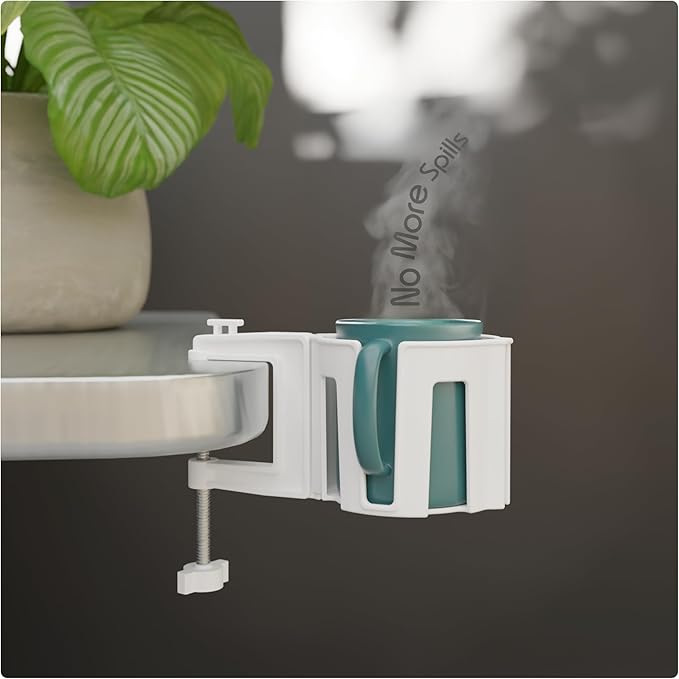 Original Large Desk Cup Holder Clamp White | Anti-Spill Mount, Multi-Directional Drink Holder, Headphone Hanger, For Table, Desks, Office & Gaming Setup
