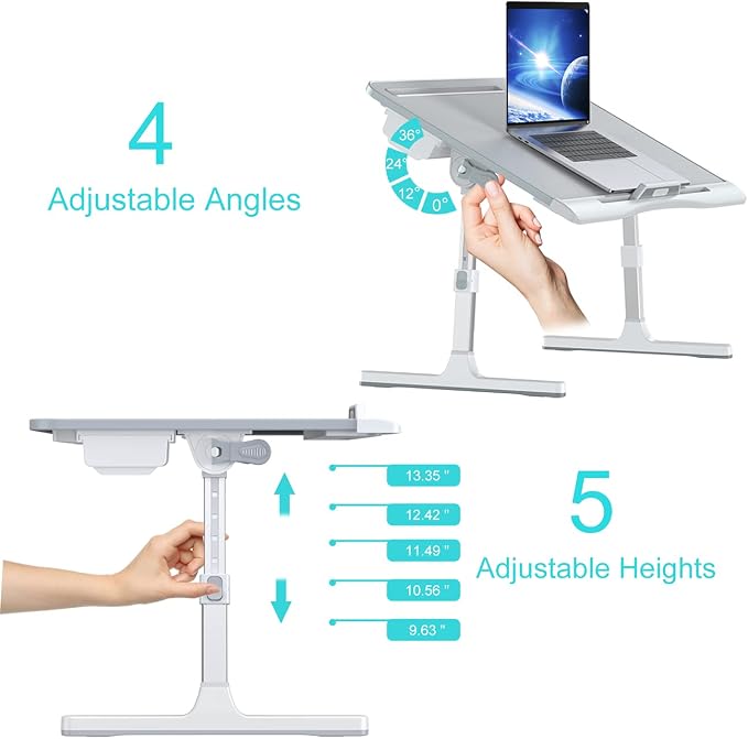 KLEAR Laptop Bed Tray Desk, Foldable and Adjustable Lap Table with Heights and Angles, Upgraded-Sturdy Laptop Lap Desk for Bed/Sofa/Couch/Floor (2 Drawers, Grey)