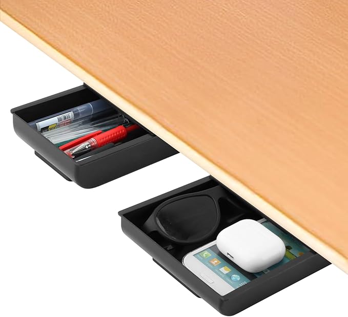 2pcs Under Desk Drawer, Self-Adhesive Pull Out Table Tray, Stick On Desk Drawer Pencil Holder Mounted Desktop Stationery Storage Organizer for Office Supplies & Home Essentials
