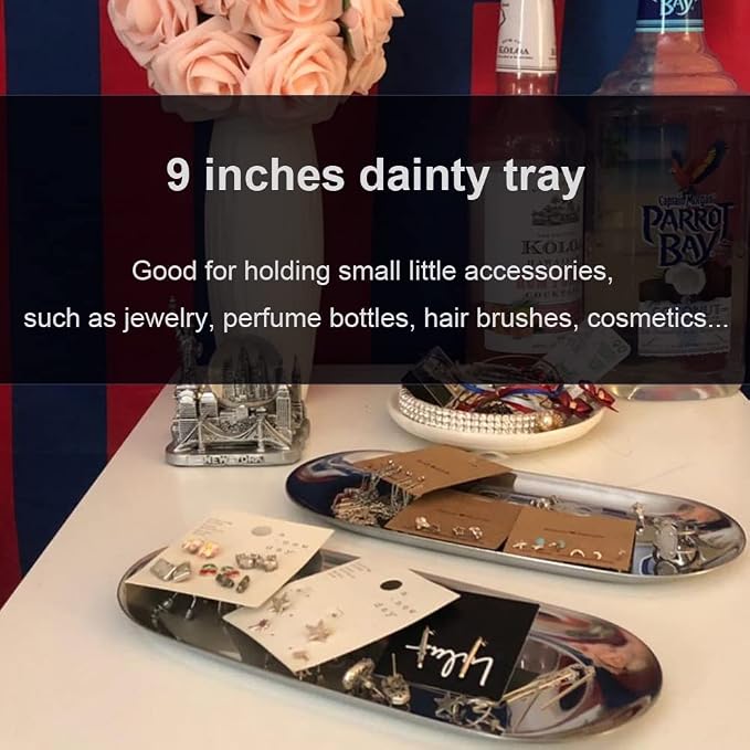 Stainless Steel Decorative Tray, Set of 2, 9 Inch Long, Jewelry Dish Cosmetics Organizer Bathroom Clutter Serving Platter Small Storage Tray, Oval, Silver